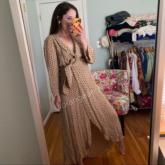 NWT GANNI Tan Black Polka Dot Wrap Maxi Dress 38 M - Picture 10 of 16